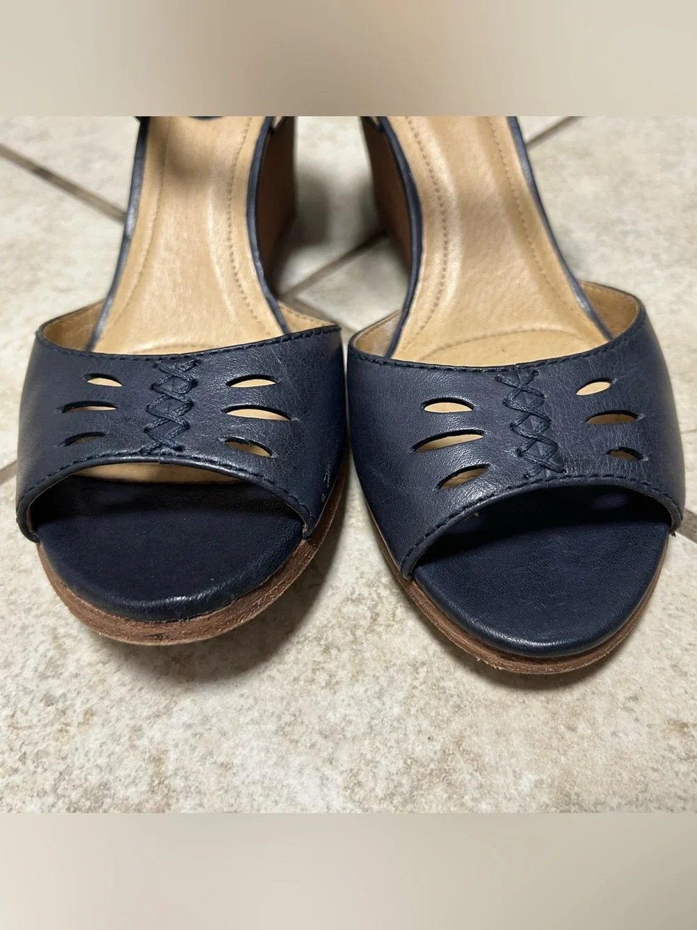 Frye Navy Leather Peep-Toe Ankle Strap Heels - Picture 2 of 5